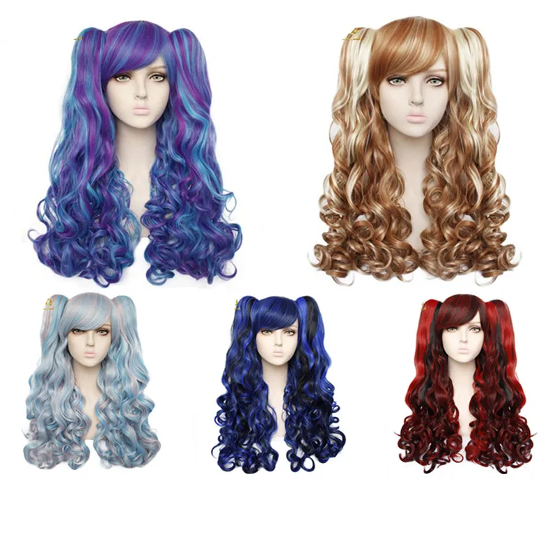 

Ebingoo Lolita Long Body Wave High Temperature Fiber Mixed Blue Brown Red Purple Multi-color Synthetic Cosplay Wigs 2 Ponytail