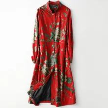 Весна осень натуральный мех длинное пальто из овчины с красным принтом винтажного размера плюс 3xl Роскошная Высококачественная женская верхняя одежда из натуральной кожи