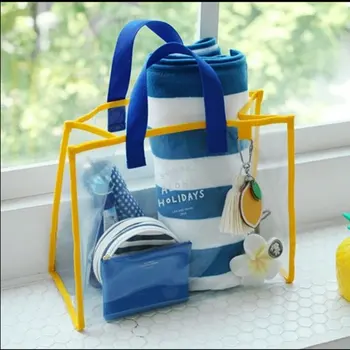 

Fresh summer transparent PVC handle swimming bag fashion travel beach bag tote dry and wet separation package