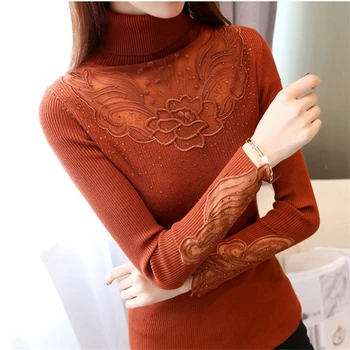 

Korea Autumn Winter Turtleneck Pullovers Sweaters Women Carame Embroidery Lace Hollow Knitted Slim-fit tight Sweater Female Tops