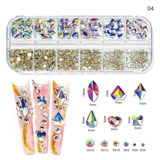 12Gird Box Multi Size AB/Colorful Hotfix Rhinestones Flatback Crystal Diamond Gems 3D Glitter Nail Art Luxurious Decorations &*& 4