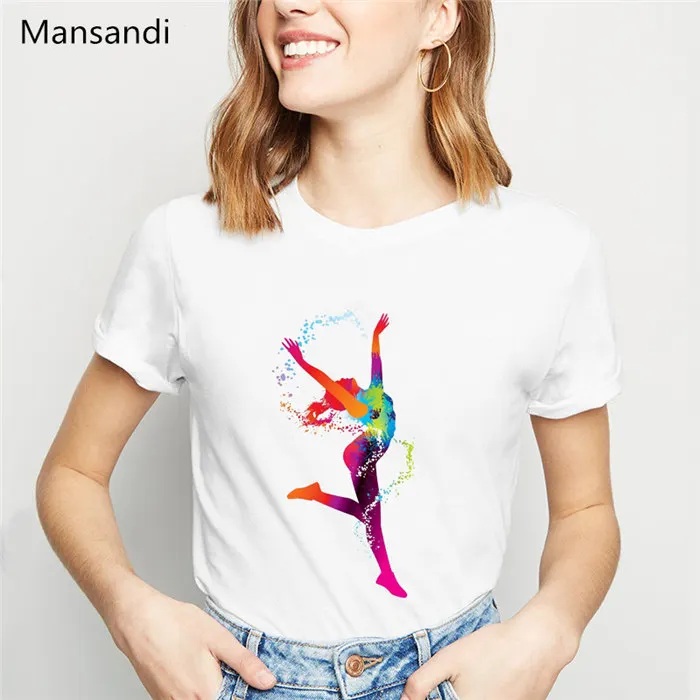 Rainbow watercolor gymnastics print t-shirt women Elegant Ballet Dance posture design tshirt femme harajuku ulzzang shirt - Цвет: Y41017