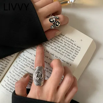 LIVVY 실버 색상 불규칙한 트위스트 타원형 와이드 링, 개성 디자인, 남성 패션, 창의적인 하이 퀄리티 주얼리 선물