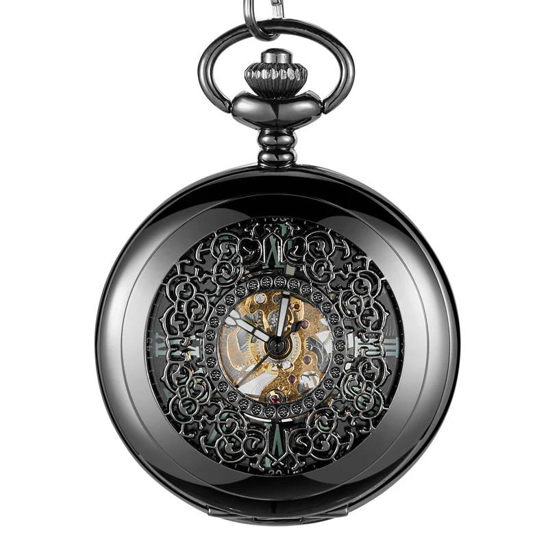 Luminous Mechanical Pocket Watch Hollow Black Dial Hand-Winding Men Pendant Collection Fob Chain Watch Skeleton Steampunk Clock
