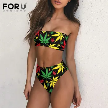 

FORUDESIGNS Hot Sales Female Summer Bikini Set Swimsuits Maple Leeves Off Shoulder Bathing Suit High waist Hawaii Style 2020