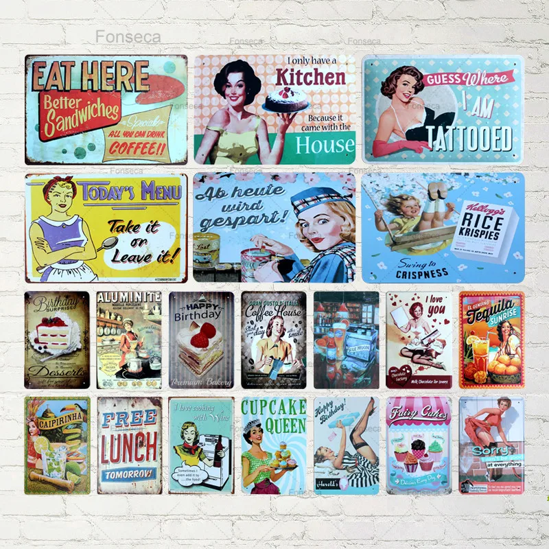 

Cake Kitchen Scene Classical Metal Sign Rectangular Iron Plate Painting Coffee Shop Club Bar Home Decoration Wall Art