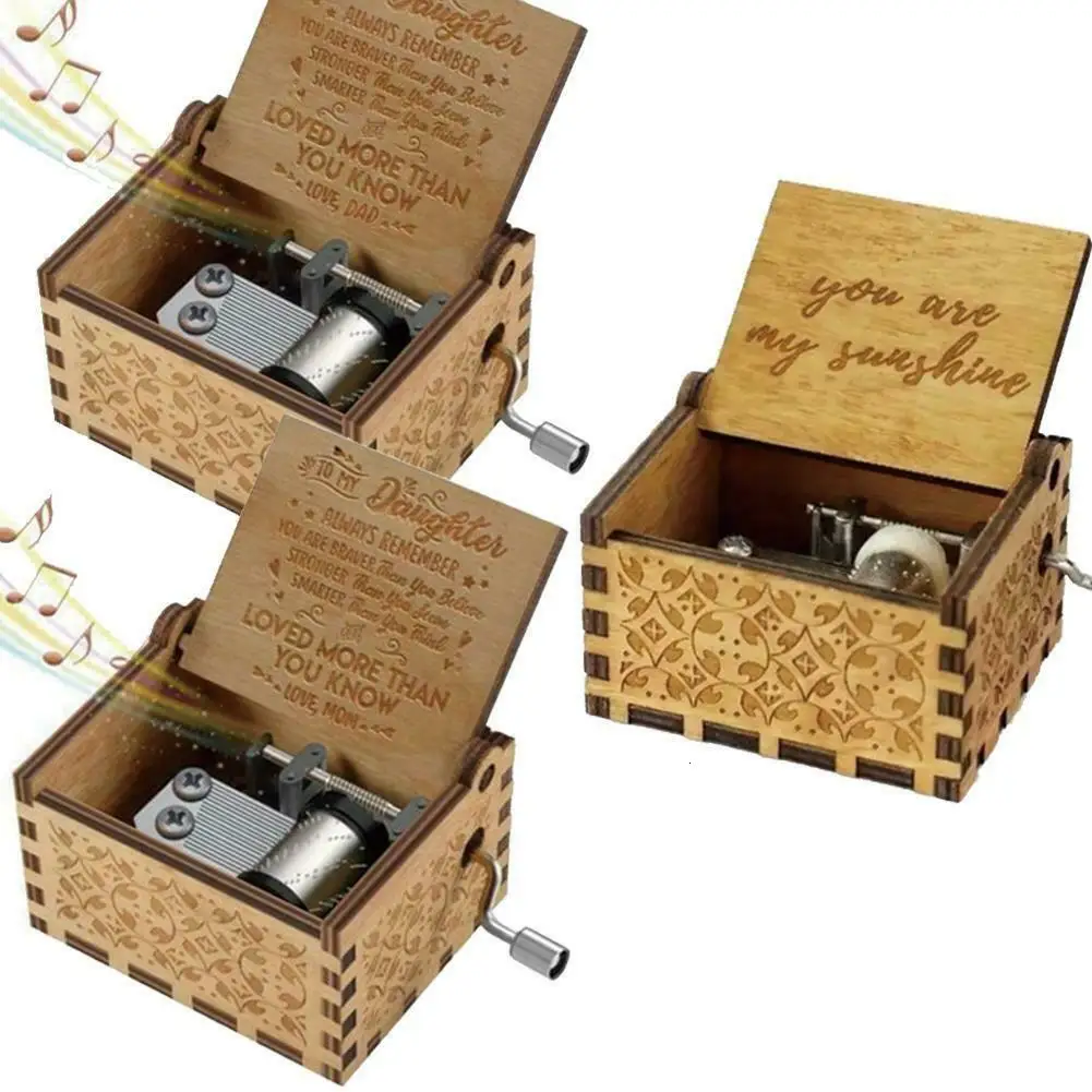 Mini Wooden Hand Engraved Music Box Fun Toys Kids Gifts you are my sunshine