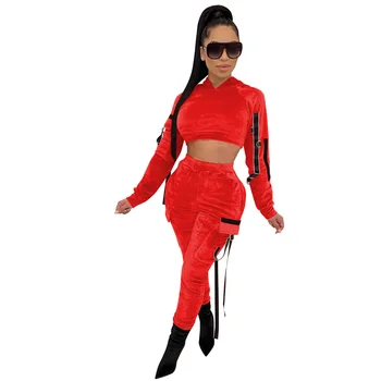 

Hot New Korean Velvet Ribbon Hooded Jumpsuit Two-piece Set 2020 Spring Fashion Casual Women's Jumpsuit Set