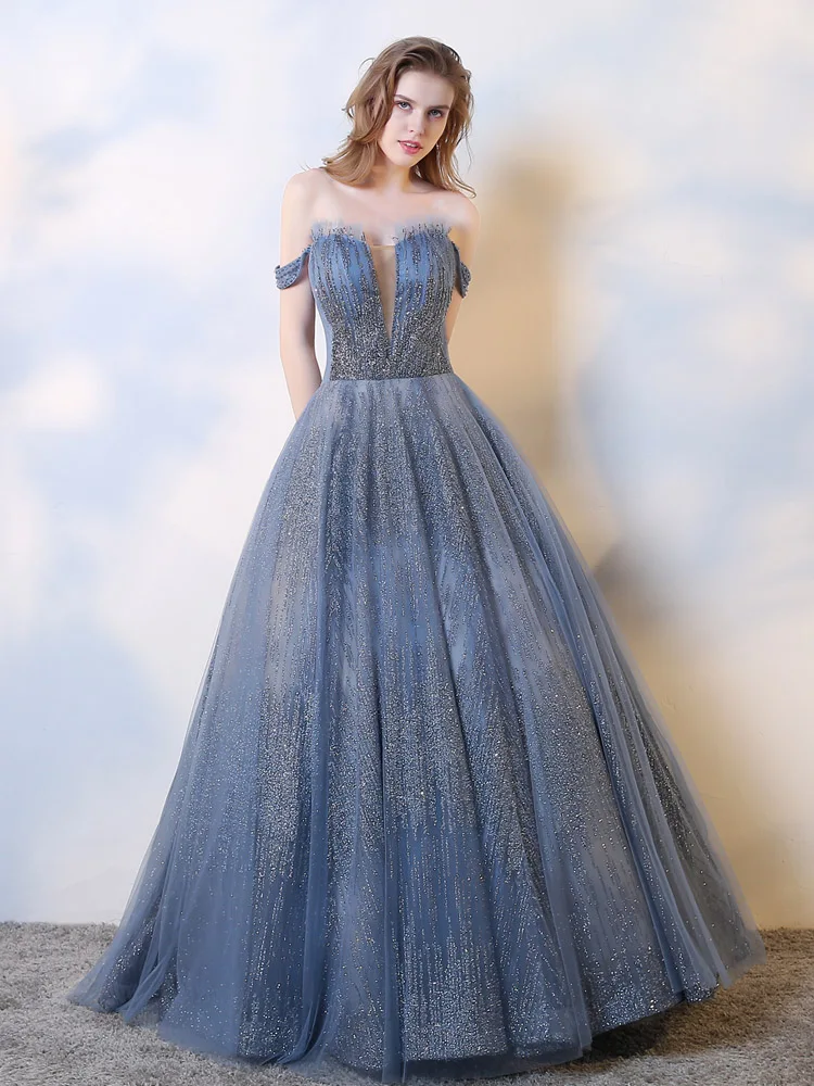 

Off Shoulder Sequins Tulle Quinceanera Dresses Blue Long Adult Dress Ball Gown Sleeveless Puffy Prom Dresses Dresses For 15 Anos
