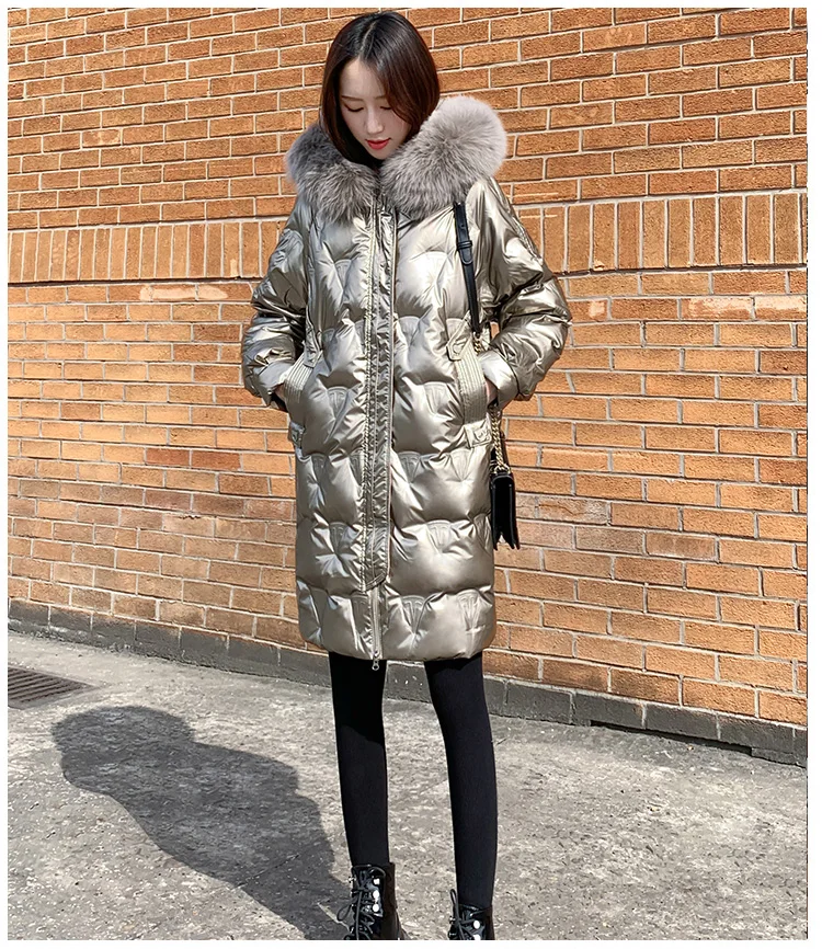 golden fake fur Блестящая золотистая пуховая теплая парка, пальто, зимний модный брендовый плотный теплый пуховик, женский большой меховой воротник, длинный пуховик, F857 - Цвет: golden fake fur