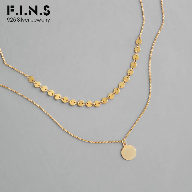 

F.I.N.S Korean S925 Sterling Silver Necklace Geometric Round Tag Pendant Necklace Double Layered Choker Necklace Clavicle Chain