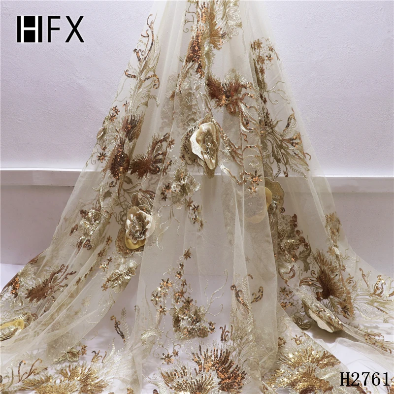 Роскошные 3d тюлевые кружевные ткани высокого качества африканские 3D Цветы кружевная ткань с золотыми бусинами кружева для свадьбы H1108