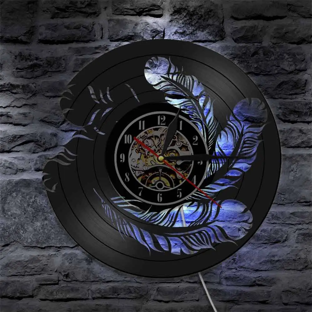 

Vintage Bird Feather Minimalist Vinyl Record Wall Clock Plume Wall Art Home Decor Plumage Interior Design Housewarming Gift