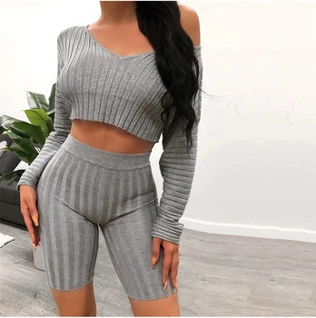 

Hot Autumn New Women Long Sleeve Crop Top Shorts Solid Suit Two Piece Set Female Casual Plain Tight Stretch Outwear 3 Colors
