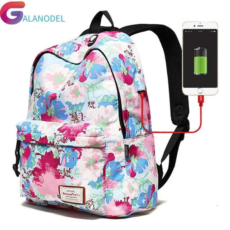 

Schoolbag Charging Women Backpack Printing School Backpacks USB For Teenagers Student Book Bag waterproof Travel backpack