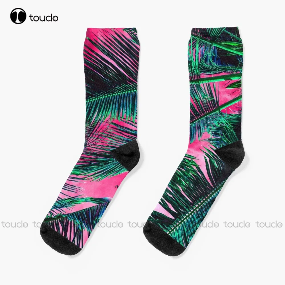 

Pink Teal Tropical Summer Palm Tree Fronds Socks Mens Funny Socks Christmas New Year Gift Custom Gift Unisex Adult Women Men