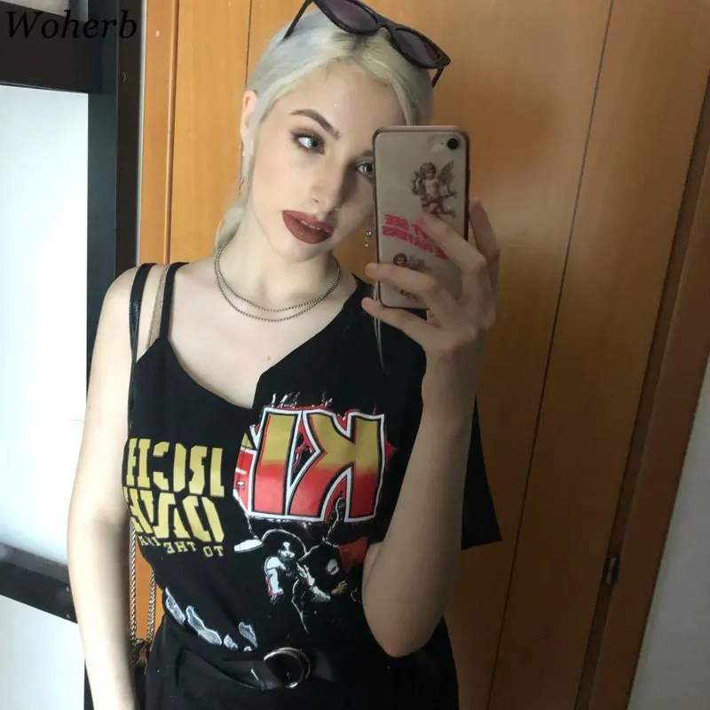 

Woherb Harajuku T-shirt Streetwear Off Shoulder Punk Gothic Cotton Tee Letter Print Women Tops Aesthetic Black Tshirt Clothes
