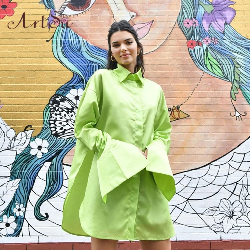 

ArtSu Ladies Blouses Casual Green Blouse Long Sleeve Button Down Shirt for Women Office Tops Autumn Streetwear ASBL20480