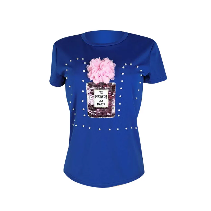 Новинка, женская летняя футболка с круглым вырезом, коротким рукавом, жемчугом, бисером, цветочной аппликацией, с принтом, Классическая футболка для активного отдыха, 2 цвета, D924
