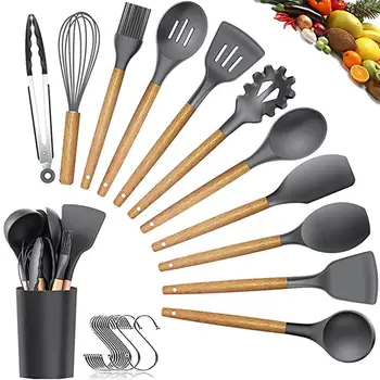 

11-piece Set Of Silicone Kitchenware With Wooden Handle Spoon Shovel Dark Gray Plastic Bucket High Temperature Resistance