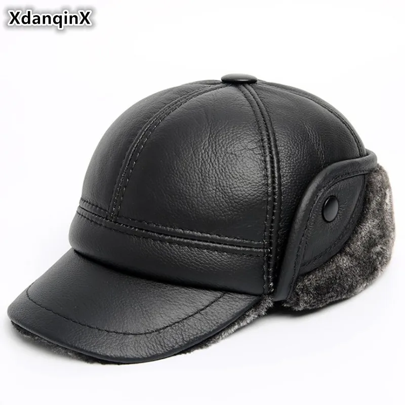 XdanqinX мужские зимние теплые шапки, толстая бархатная Меховая кепка, Мужская бейсболка из натуральной кожи, теплая шапка из воловьей кожи, шапки с наушниками для папы