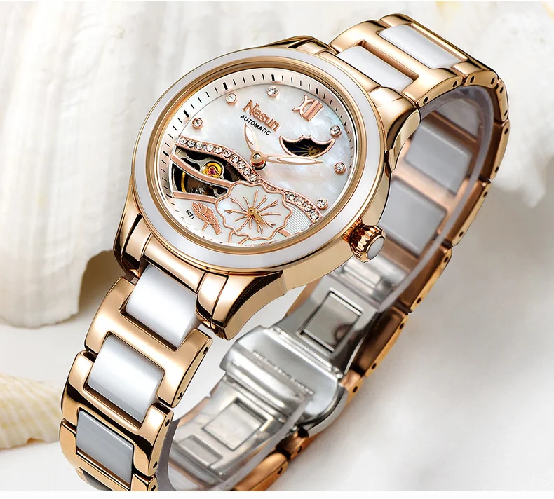 Новый швейцария Nesun полые Tourbillon Для женщин часы Роскошные Брендовые Часы Самовзводные наручные водостойкие женские часы N9071-1