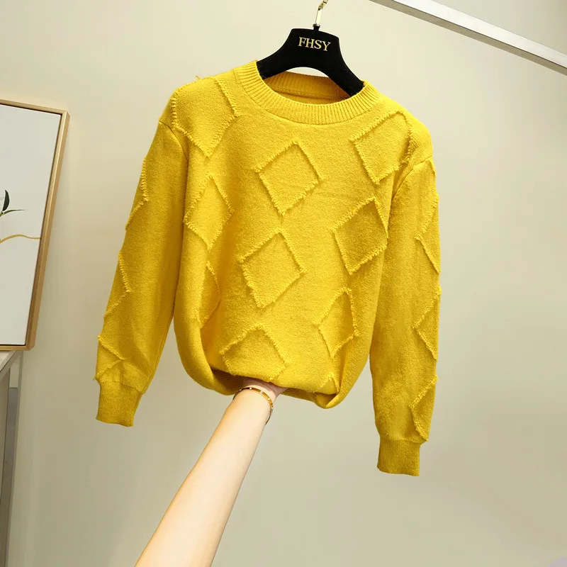 

2019 Women Sweaters Pullovers Fashion Yellow Argyle Print Soft Casual Loose Knitted Jumper Female Winter
