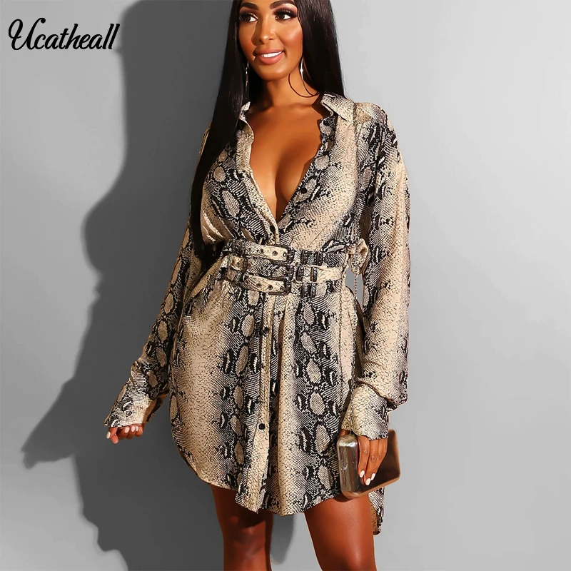 

Women Autumn Sexy Snake Print Striped Long Sleeve V-neck Dress Ladies Casual Empire Dresses Elegant Ladies Wrap Loose Mini Dress