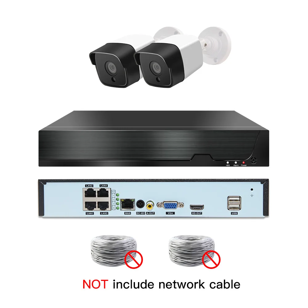 4ch 5MP POE Kits H.265 System CCTV Security PoE NVR Outdoor Waterproof IP Camera Surveillance Alarm Video P2P 1080P 2MP KITS - Цвет: 2cams NO cable