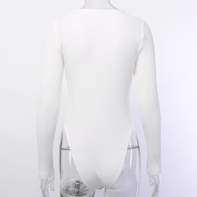 InstaHot White Zip O-neck Bodysuit Women Long Sleeve Sexy Casual Slim Skinny Autumn Ribbed Knitted Office Ladies Romper Bodysui