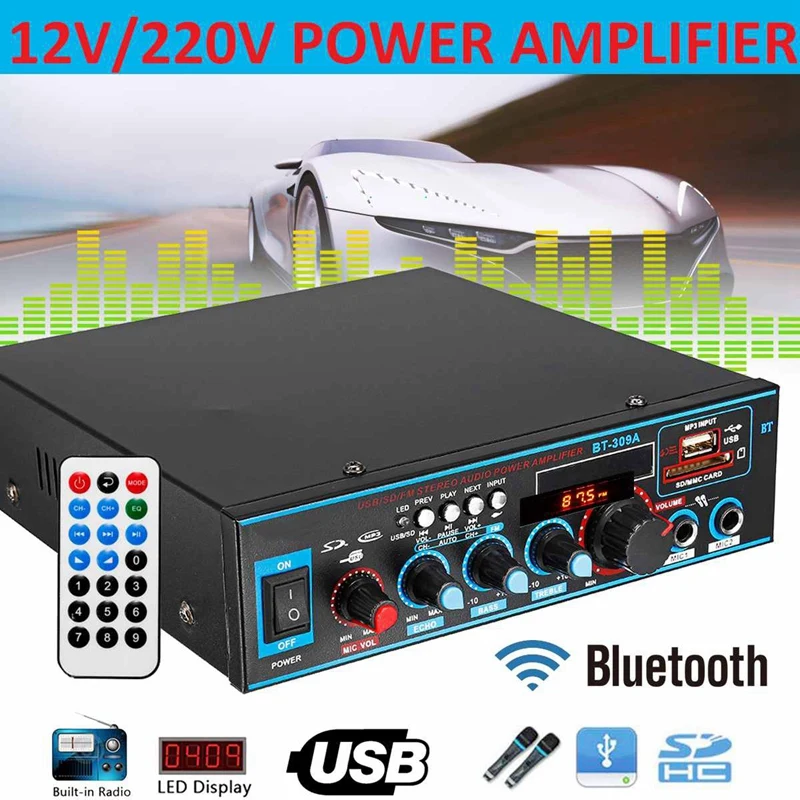 800W аудио Мощность усилитель с вилкой формата US 12/220V 2 канала мини Hi-Fi Беспроводной Bluetooth цифровой аудио усилитель для дома Театр/автомобиля