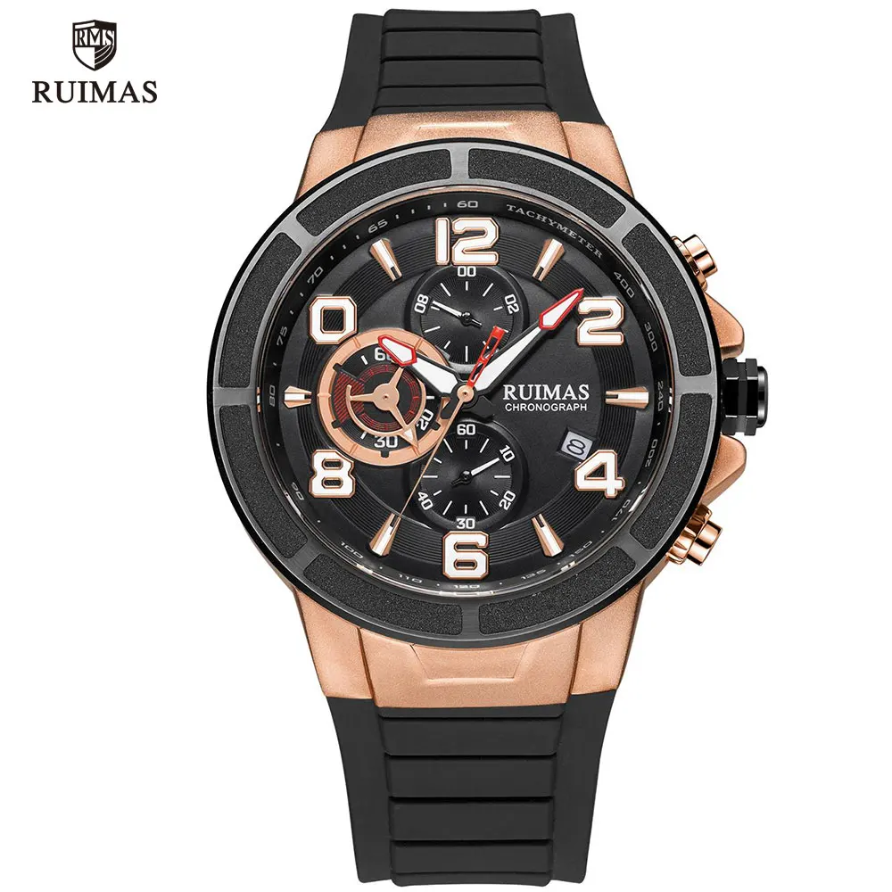 RUIMAS, роскошные спортивные часы для мужчин, Лидирующий бренд, водонепроницаемые военные кварцевые часы, мужские Модные повседневные наручные часы с хронографом, Relogio 587 - Цвет: RN587G-Rose gold