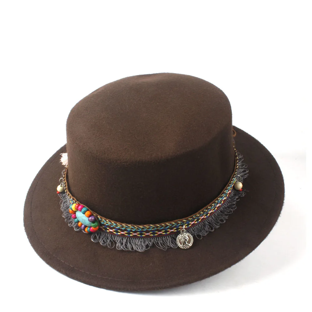 Мужская и женская шляпа на плоской подошве, зимняя мягкая фетровая шляпа с широкими полями, шляпа для танцев и вечеринок, шерстяная мягкая фетровая шляпа, размер 56-58 см - Цвет: Coffee