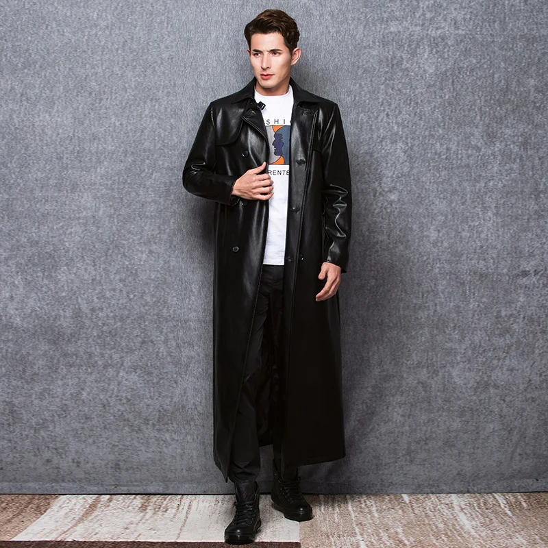 Lautaro-Long Black Leather Trench Coat for Men, Long Sleeve, Double Breasted, Plus Size, PU Leather, Men's Clothing, 6XL, 7XL 4