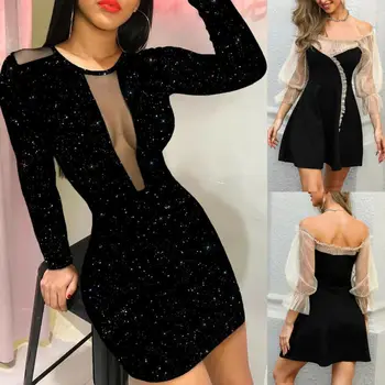 

Women Off Shoulder Bodycon Long-Sleeve Shiny Sequins Mini Dress Cocktail Party Evening Sexy