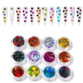 

CHNRMJL 12Colors/set Holografic Maple Leaf Nail Glitter Sequins Multicolor Leaves Flake Tips 3D UV Gel Nails Powder Decorations