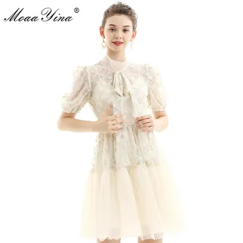 

MoaaYina Fashion Runway dress Summer Women's Dress Stand collar Puff Sleeve Mesh Gold Line Embroidery Slim Elegant Dresses