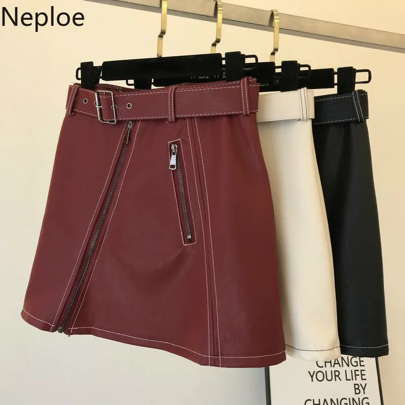 Neploe A Line тонкая талия бедра кожаная юбка локомотив диагональная молния пояса Jupe Femme элегантная верхняя одежда короткая Falda осень 46409