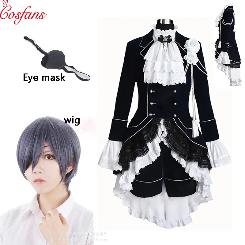 7PCS New Black Butler Cosplay Ciel Phantomhive women Costume Halloween men and wig Eye mask |
