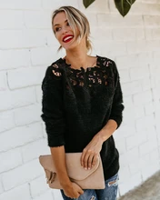 Hot 2019 autumn and winter new fashion women's solid color long-sleeved lace Flower stitching round neck wild cashmere sweater Hot 2019 autumn and winter new fashion women's solid color long-sleeved lace Flower stitching round neck wild cashmere sweater