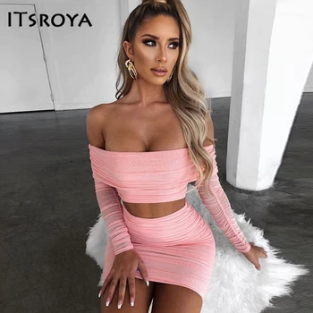 

Itsroya Off Shoulder Sexy Two Piece Set Crop Top And Skirt Backless Club Party 2 Piece Set Women Bodycon Female Outfits 2020