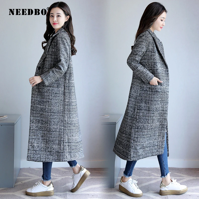 NEEDBO весенне-осеннее Женское шерстяное пальто в клетку модное длинное шерстяное пальто тонкий тип женские зимние шерстяные куртки верхняя одежда