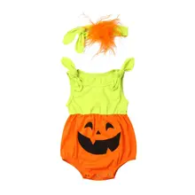 0-24M Toddler Baby Girls Halloween Clothes Pumpkin Sleeveless Romper Jumpsuit+Headband Outfits 2PCS Set