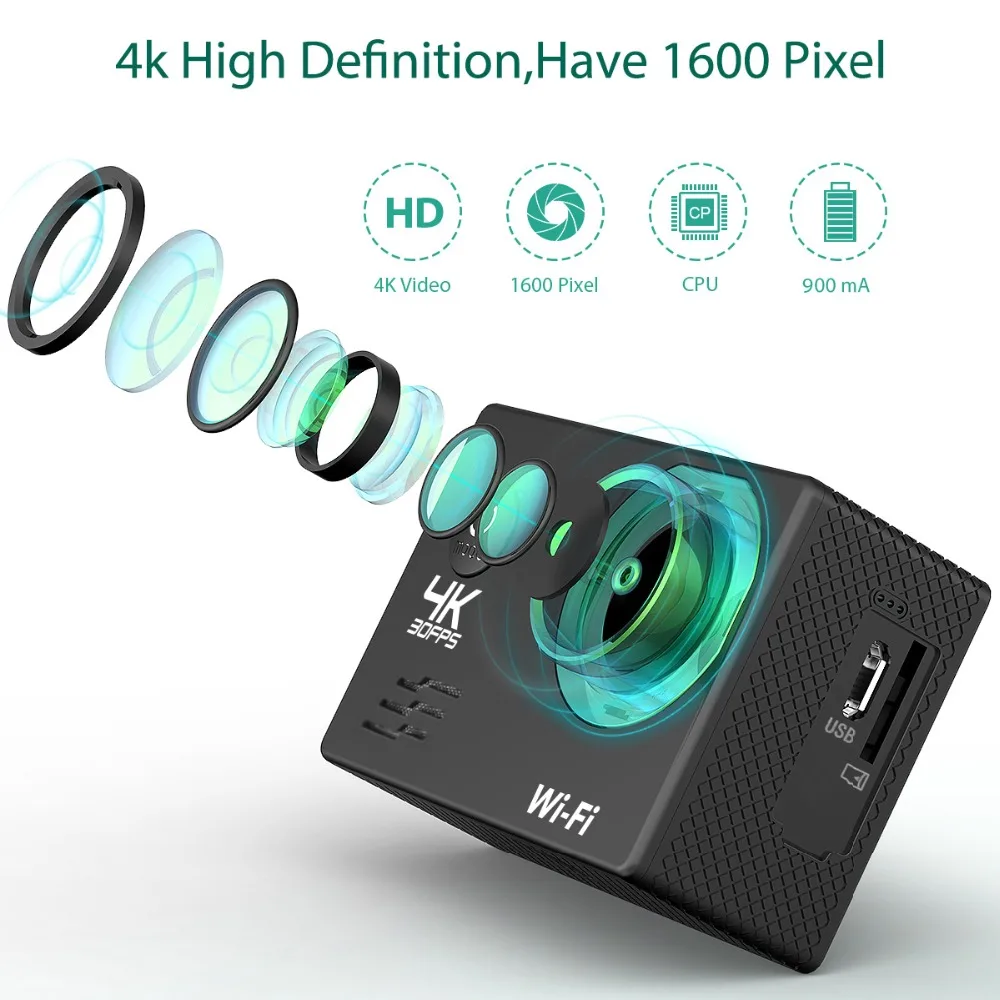 Беспроводной WiFi4K Спортивная камера Allwinner V3 2,0 дюймов ЖК-дисплей экран 1080P Мини Спорт DV, выдерживающие погружение до 30 метров водонепроницаемые видеозапись