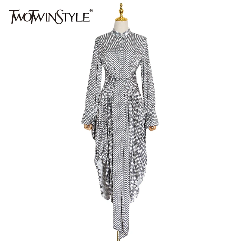TWOTWINSTYLE elegant Plaid Hit Color Dresses Female V Neck Lantern Long Sleeve High Waist Lace Up Asymmetrical Maxi Dress Women TWOTWINSTYLE elegant Plaid Hit Color Dresses Female V Neck Lantern Long Sleeve High Waist Lace Up Asymmetrical Maxi Dress Women