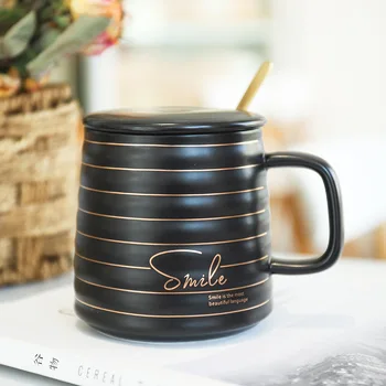

Nordic Simple Black White Gold Drawing Belly Cups with Lid Spoon Creative Milk Breakfast Ceramic Mugs Large Capacity Coffee Mugs