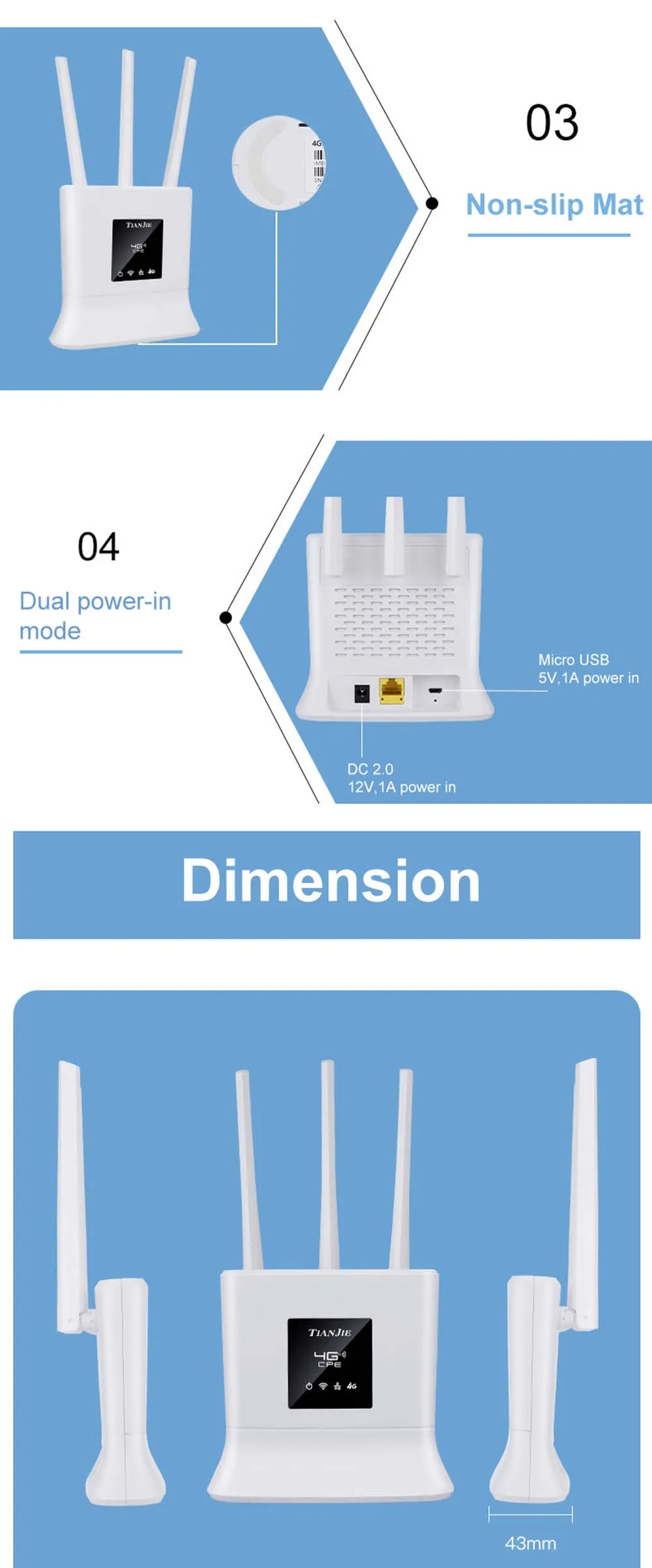 TIANJIE Wifi Router 3G 4G CPE Modem 4g Wifi Sim Card External Antenna RJ45 WAN LAN High Speed Wireless Routers Network Adaptor