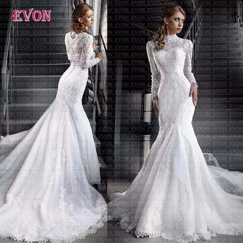 Vestido De Noiva/кружевные свадебные платья Русалочки с высоким вырезом, элегантные с длинными рукавами мусульманский арабские Свадебные платья на заказ