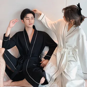 

Autumn long-sleeved pure cotton pajamas for men and women couples home service breathable one-piece bathrobe