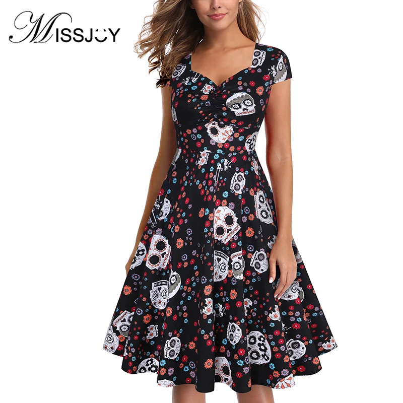 MISSJOY женские kleid с принтом черепа рукавом крылышком рокабилли плюс размер на